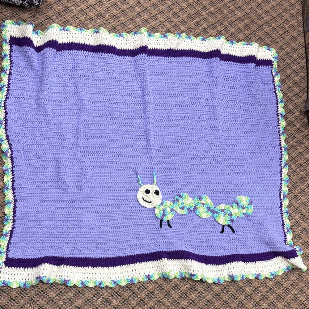 Handmade Purple Crochet Blanket with Caterpillar Design